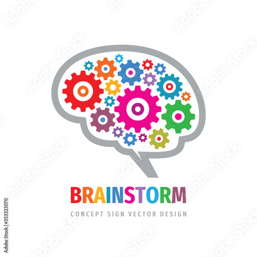 Brainstorm gears logo template design. Human brain concept sign. Creative idea icon logo. Inspiration innovation logo symbol. Education logic intellect. Vector illustration. 