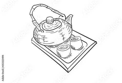 Japanese tea pot with two cups on a tray. Tea ceremony concept. Vector illustration hand drawn.