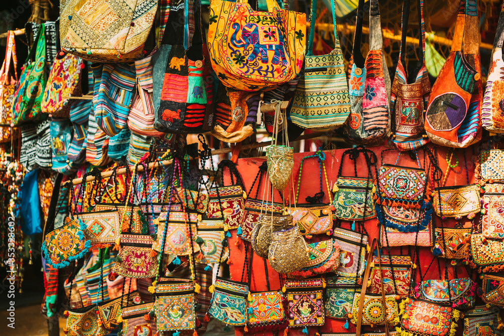 Goa, India. Traditional Store Market With Hand-sewn Bags Different Colors And Sizes