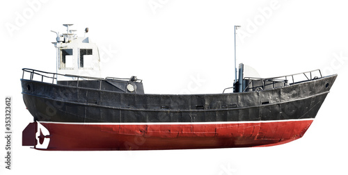 Картината върху платно Fishing boat side view on white background