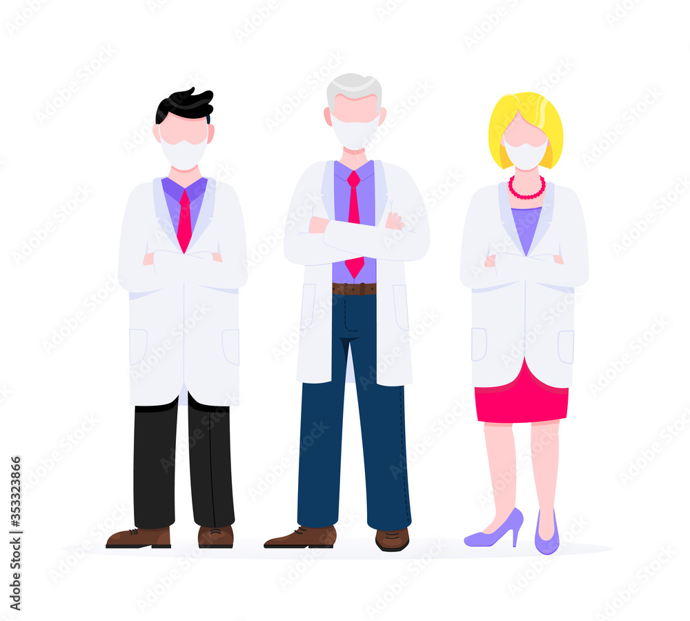 Successful team of medical employee doctors with face masks vector illustration isolated on white background. Three hospital or medic clinic staff doctors standing up with equipment. Successful team of medical employee doctors with face masks vector illustration isolated on white background. Three hospital or medic clinic staff doctors standing up with equipment.