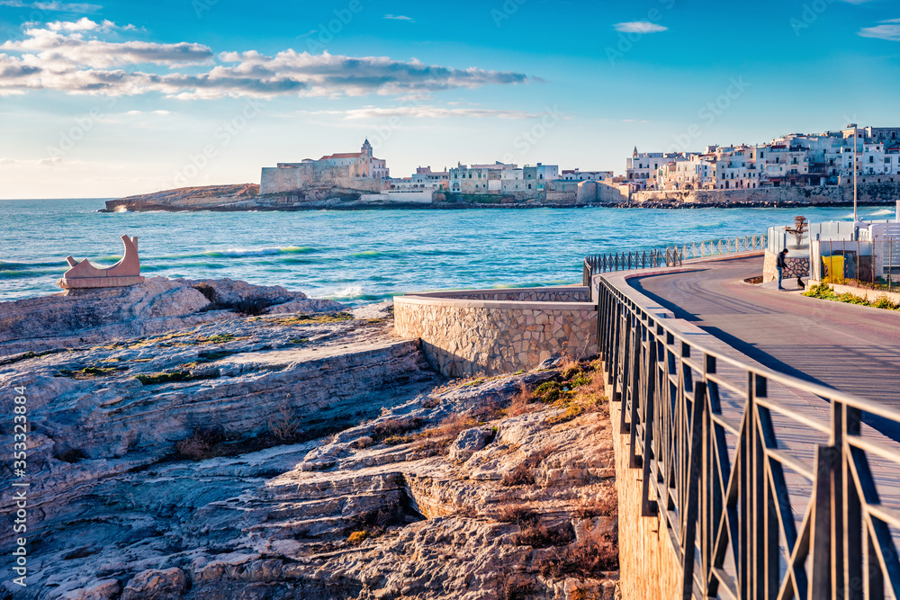 Fototapeta premium Stunning morning cityscape of Vieste town. Bright summer cescape of Adriatic sea, Gargano National Park, Apulia region, Italy, Europe. Traveling concept background.