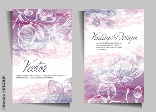 Vintage design with flowers on a watercolor background. Cover, stencil for notebook design,
books, notebooks, postcards, invitations. Vector with a retro cherry blossom.