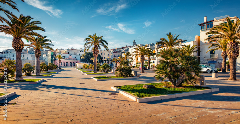 Panoramic morning view of central park of Vieste town. Sunny summer scene of Apulia, Italy, Europe. Traveling concept background.
