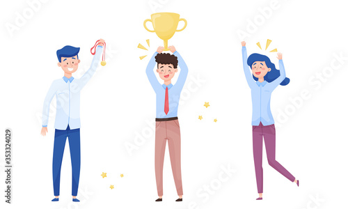 People Characters Standing and Cheering About Victory Vector Illustrations Set