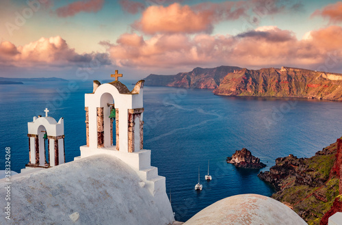 Spectacular morning scene of Santorini island. Fantastic summer cityscape of Greek resort Fira, Greece, Europe. Unbelievable Mediterranean seascape. Traveling concept background.