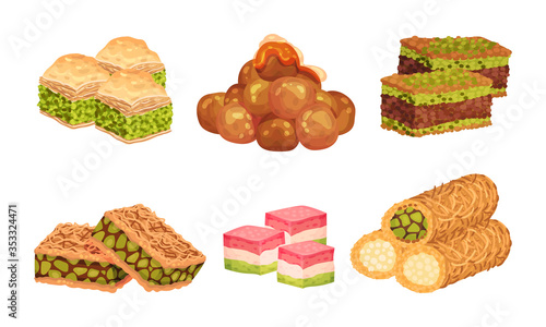 Turkish Delights or Arabic Sweets with Famous Baklava and Rahat Lakoum Vector Set