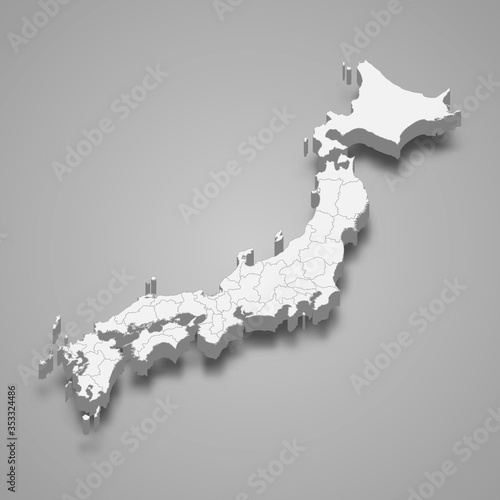 Japan 3d map with borders Template for your design