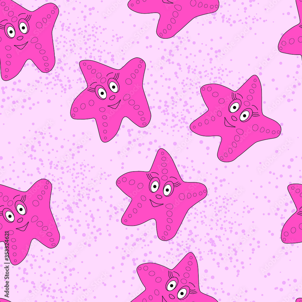 Cartoon starfish on a pink background with dots spray effect. Seamless pattern for childish textile.