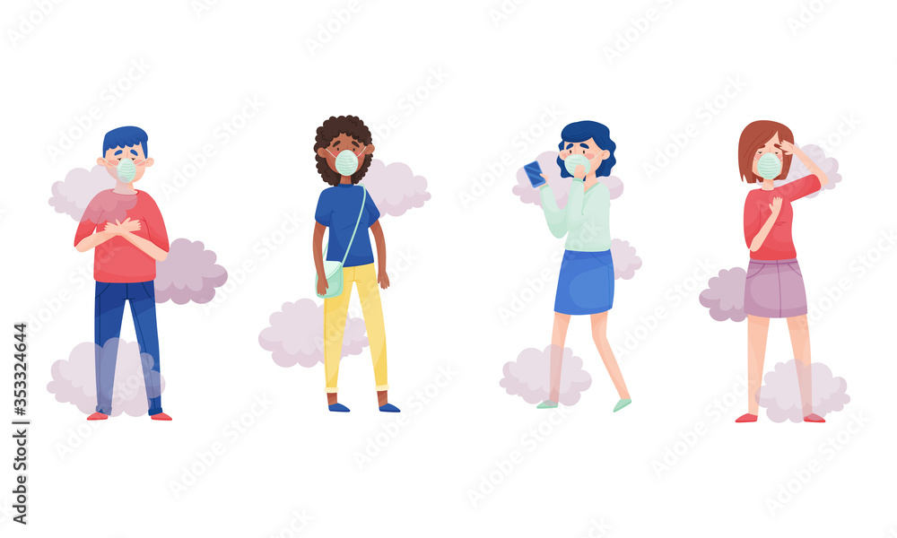 People Characters Wearing Face Mask or Respiratory Mask Walking Among Smoke Cloud Vector Illustrations Set People Characters Wearing Face Mask or Respiratory Mask Walking Among Smoke Cloud Vector Illustrations Set