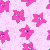 Cartoon starfish on a pink background with dots spray effect. Seamless pattern for childish textile.