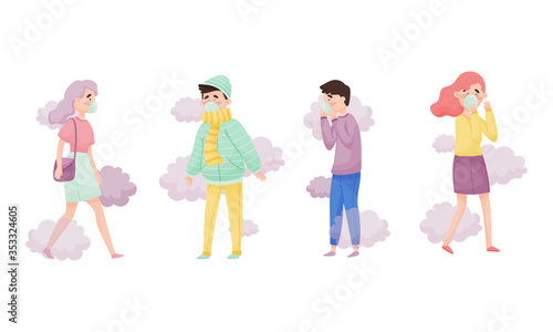 People Characters Wearing Face Mask or Respiratory Mask Walking Among Smoke Cloud Vector Illustrations Set