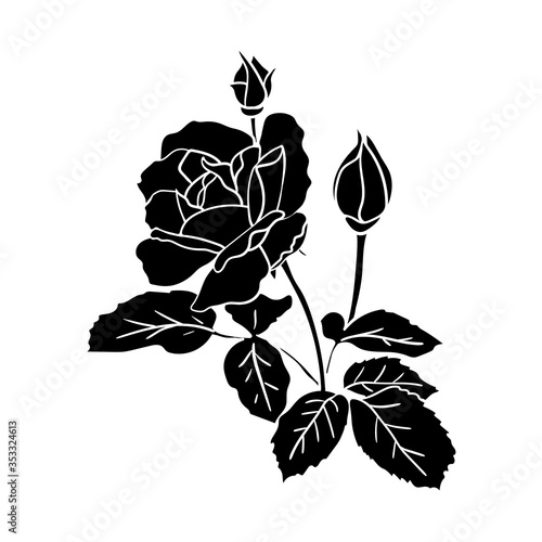 Black silhouette rose with leaves and buds. Simple hand-drawn flat flower for icons or cards and logo or tattoo. Scandinavian style. Stock vector illustration isolated on white background.