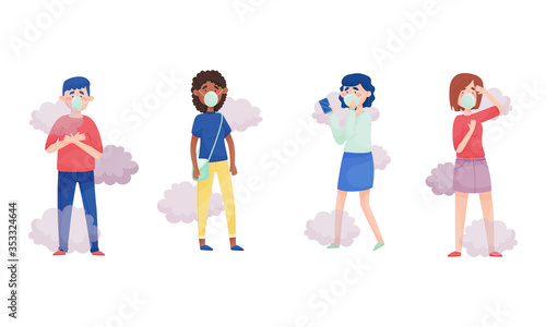 People Characters Wearing Face Mask or Respiratory Mask Walking Among Smoke Cloud Vector Illustrations Set