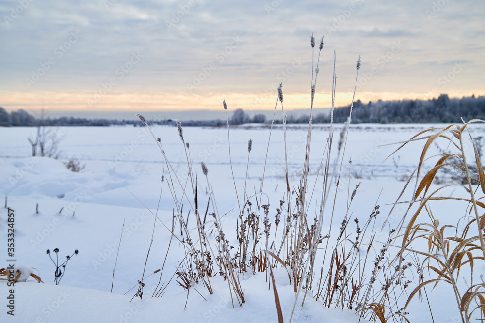 View from the shore of a river or lake, when the water is covered with ice powdered with snow. Morning or evening winter landscape View from the shore of a river or lake, when the water is covered with ice powdered with snow. Morning or evening winter landscape