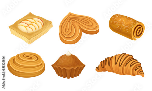 Flour Confectionery or Pastry with Sweet Wheat Bun and Baked Roll with Jam and Curd Vector Set
