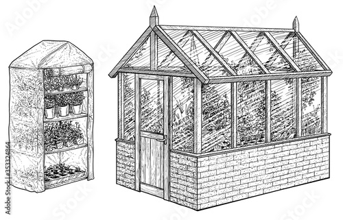 Greenhouse illustration, drawing, engraving, ink, line art, vector