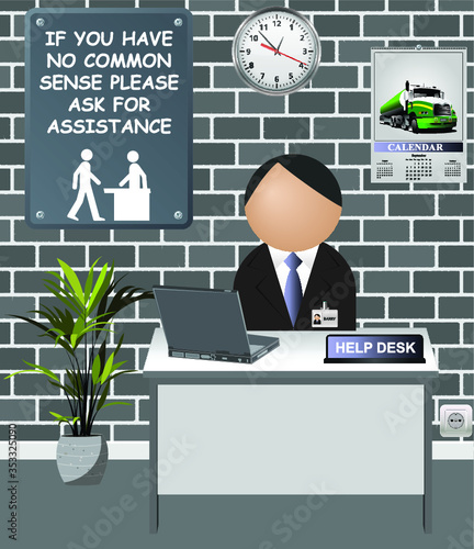 Comical male assistant at help desk for stupid people with no common sense