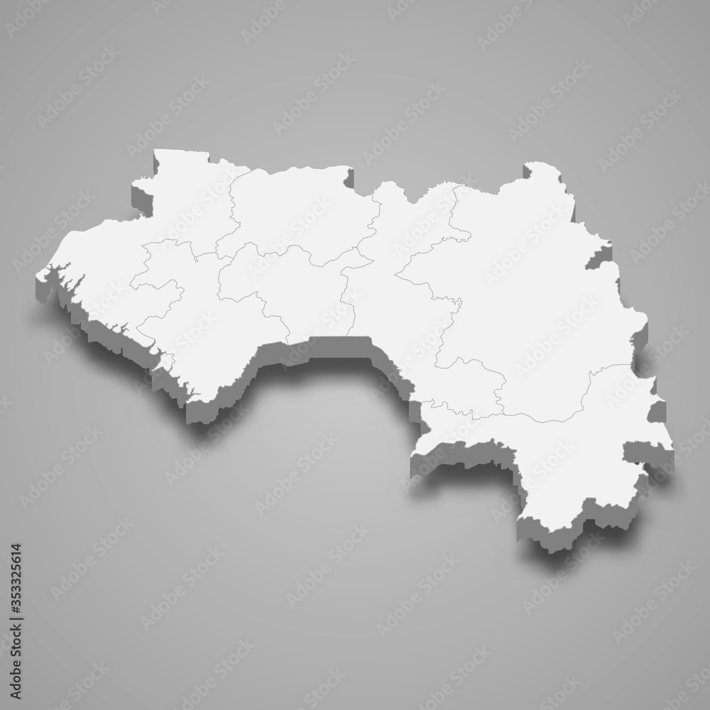 Guinea 3d map with borders of regions Template for your design