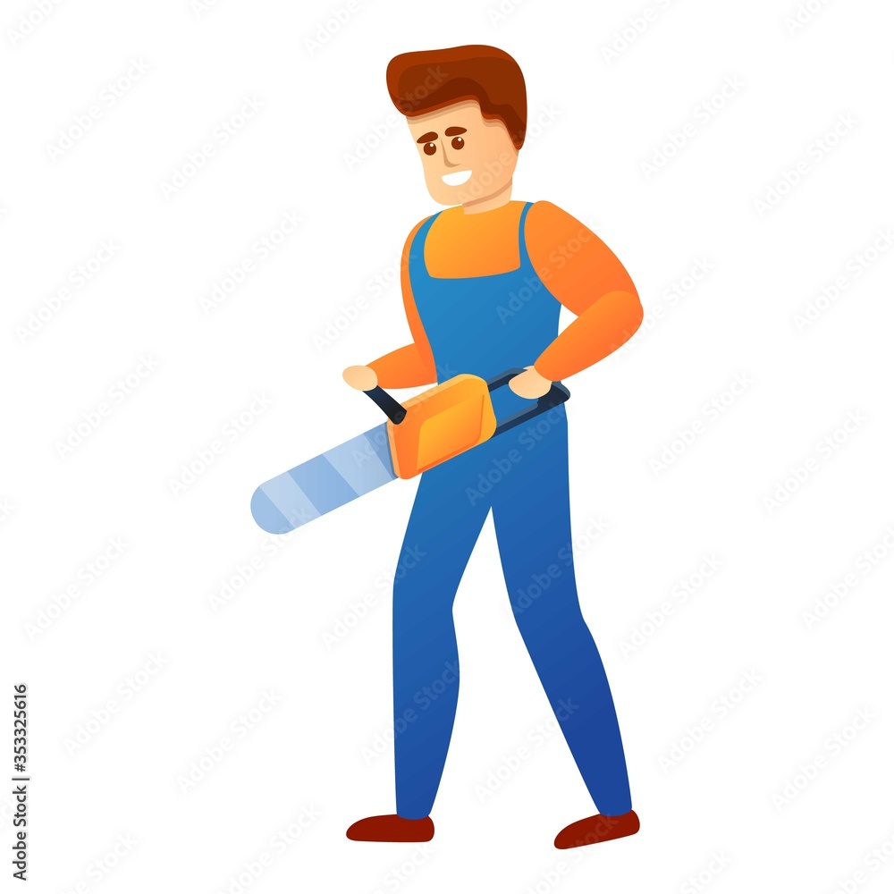 Repairman with chainsaw icon. Cartoon of repairman with chainsaw vector icon for web design isolated on white background Repairman with chainsaw icon. Cartoon of repairman with chainsaw vector icon for web design isolated on white background