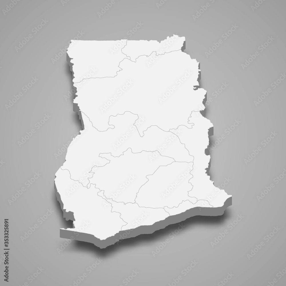 Ghana 3d map with borders of regions Template for your design