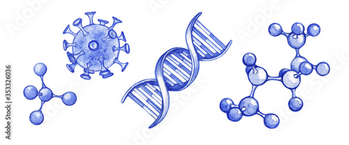 Illustration of a coronavirus, dna helix and molecule on a white background. Monochrome watercolor set of elements on the theme of biology and chemistry.