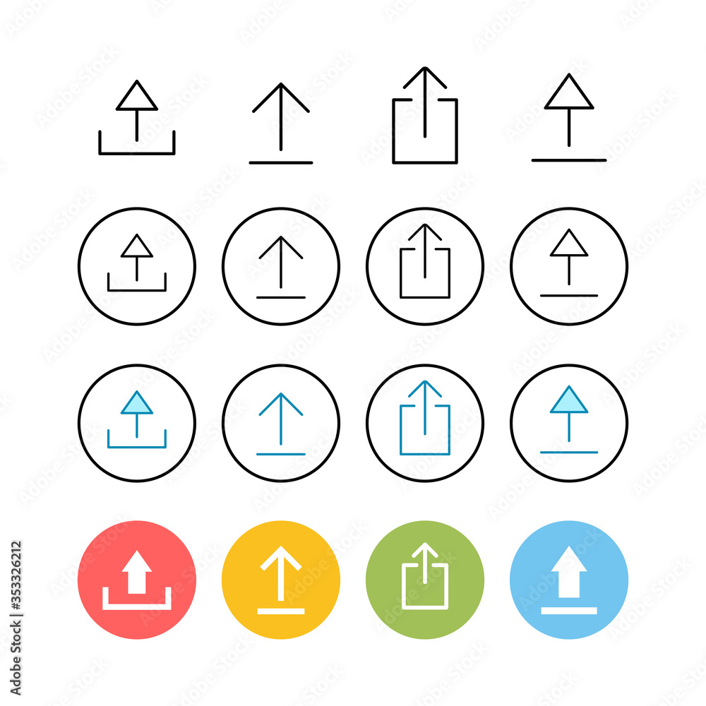 Set of Upload icons. Upload sign icon. Upload button. Load symbol. Set of Upload icons. Upload sign icon. Upload button. Load symbol.