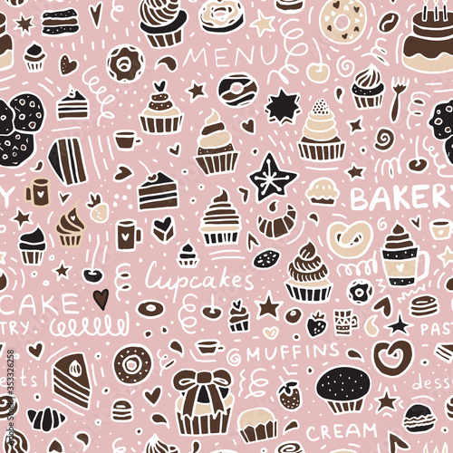 Bakery Doodle seamless pattern: Dessert Muffins, Cupcakes, Pastries, and Cakes.