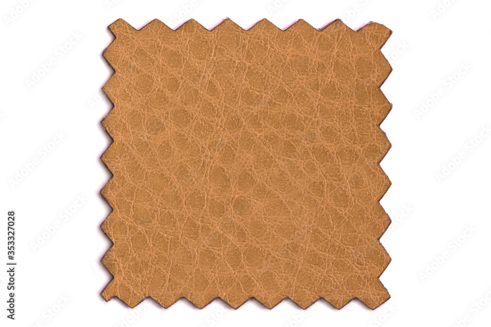 Fototapeta premium Shred of factory leather for the manufacture of accessories and various products Isolated on a white background. Cut out sample of orange leather for viewing and sewing furniture.