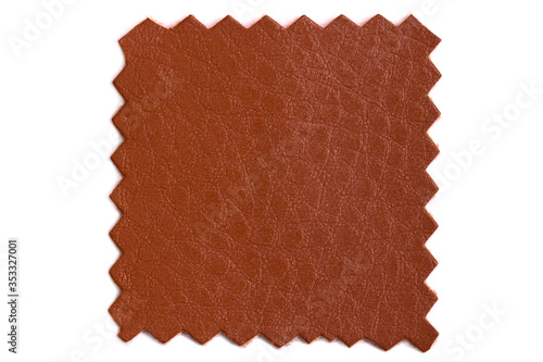 Shred of factory leather for the manufacture of accessories and various products Isolated on a white background. Cut brown leather sample for familiarization and sewing of upholstered furniture. photo