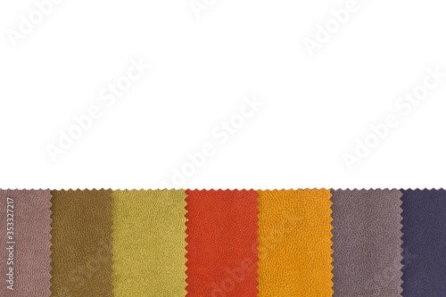 Shreds of colored factory fabric for the manufacture of accessories and various products isolated on white background. Carved velor patterns for familiarization and sewing of upholstered furniture.