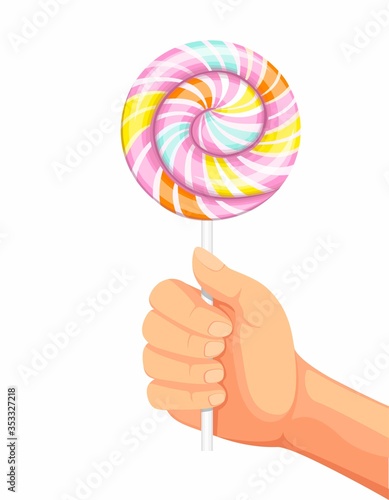 hand holding big lollipop sweet candy in cartoon realistic illustration vector isolated in white background