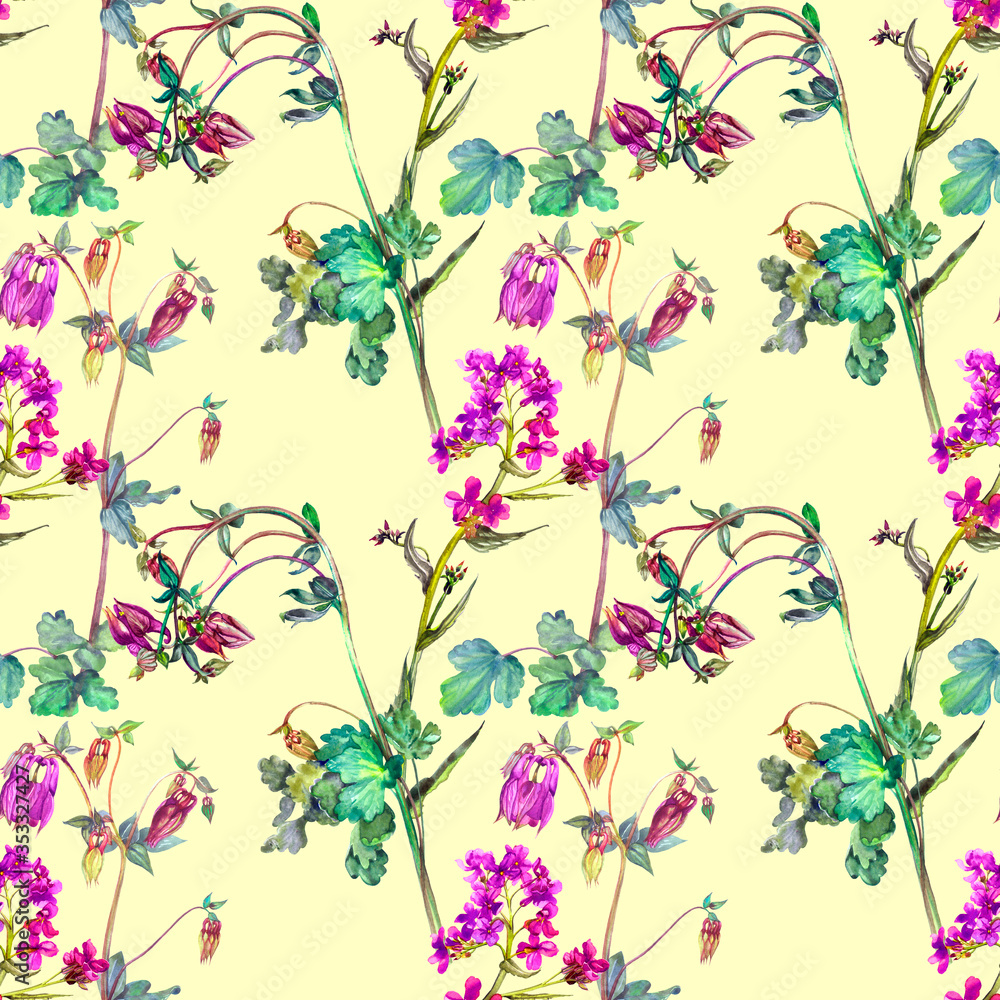 Obraz premium Watercolor meadow flowers, columbine and hesperis of violet coloring. Summer seamless pattern. Design of fabric, wallpaper, background, textile, packaging, wrapping paper, covers.
