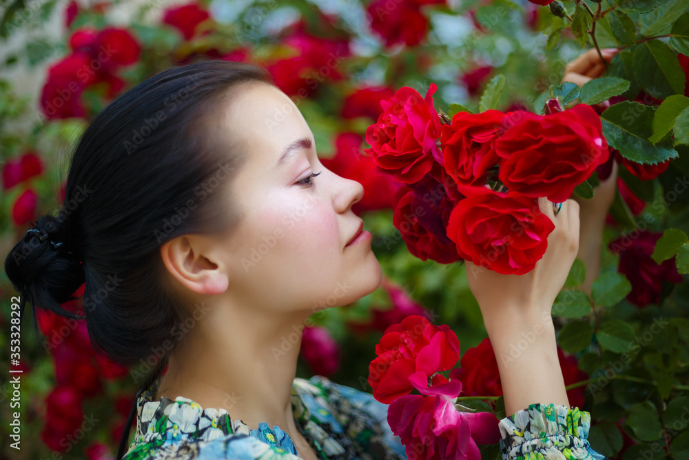 brunette woman smiling in a flowering bush of red roses brunette woman smiling in a flowering bush of red roses