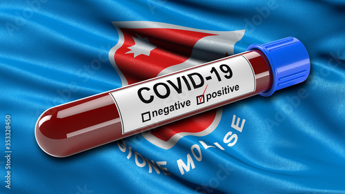 Italian state flag of Molise waving in the wind with a positive Covid-19 blood test tube. 3D illustration concept for blood testing for diagnosis of the new Corona virus.