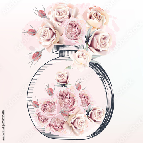 Fashion illustration with perfume bottle,  butterflies and rose flowers