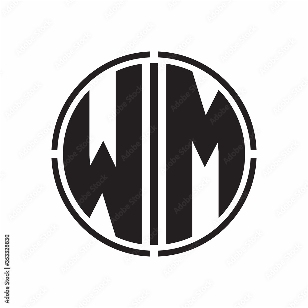 WM Logo initial with circle line cut design template on white background WM Logo initial with circle line cut design template on white background