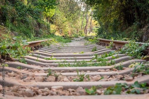 Empty abandoned railway track in Chengdu  Sichuan province  China