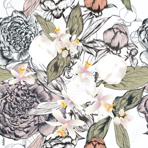 Fashion vector pattern with hand drawn peony flowers and tropical citrus in v...