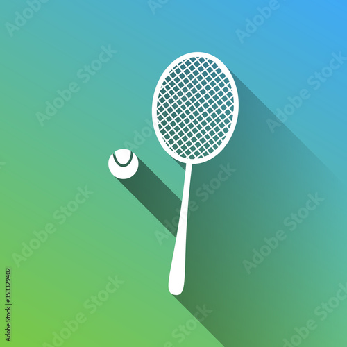 Tennis racquet with ball sign. White Icon with gray dropped limitless shadow on green to blue background. Illustration.