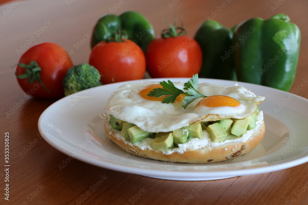 Avocado on Bagel, Fresh avocado, cream cheese on bagel top with your choice of poached eggs or sunny side up eggs