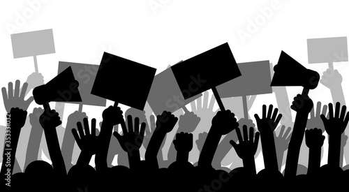 Political protest with silhouette protesters hands holding megaphone. Vector