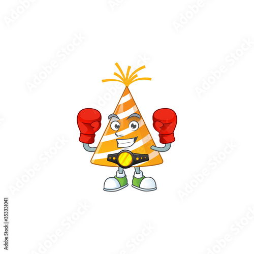 Caricature picture of yellow party hat boxing athlete on the arena