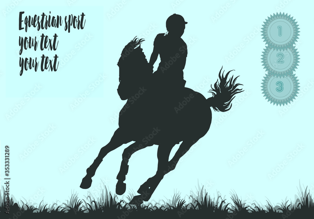 equestrian competition, show jumping, women riders on horseback, isolated images, silhouette on a blue background, for decoration and design, place for your text equestrian competition, show jumping, women riders on horseback, isolated images, silhouette on a blue background, for decoration and design, place for your text
