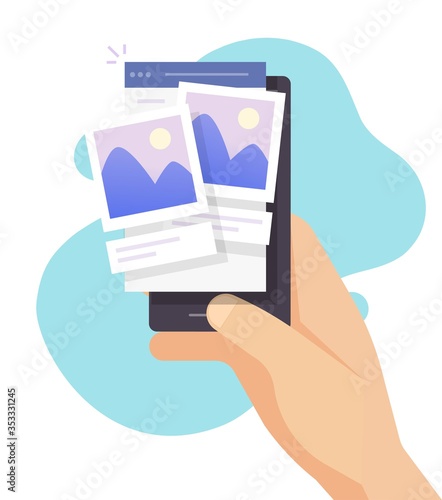 Photo commenting social network app on mobile phone or picture image sharing online community service on smartphone vector flat illustration, concept of cellphone photography application