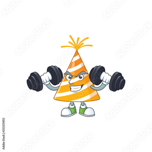 Caricature picture of yellow party hat exercising with barbells on gym