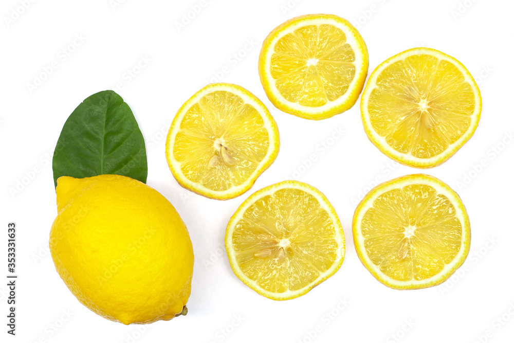 Whole and sliced pieces lemons isolated on white background included clipping path.