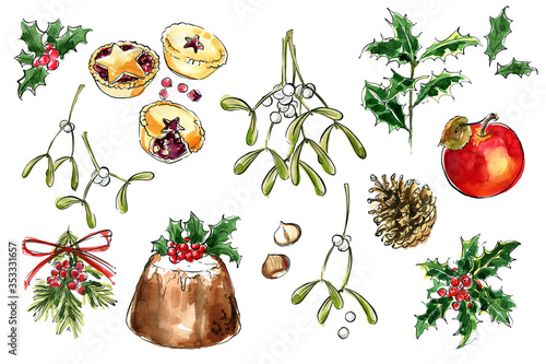 Christmas decor. Food Sketch watercolor and ink. Pudding, tart, apple, mistletoe, holly, mince pies photo