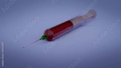 Rendu 3D d'une seringue remplie avec un liquide rouge