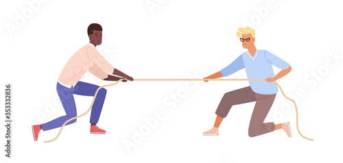 Battle between black skin man and european guy vector flat illustration. Two male fight for rights pulling opposite ends of rope isolated on white background. Modern people resistance to leadership